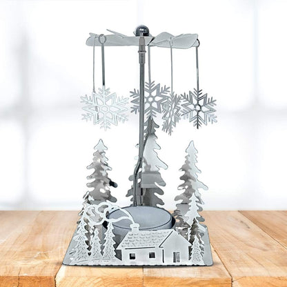 Skiennix Winter Holiday Cabin Silver Candle Spinner - Silver Plated Laser Cut Scene - 5" Tea Light Holder