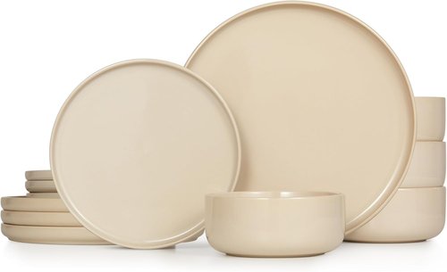 Kook 12-Piece Dinnerware Set - Service for 4 with Ceramic Plates & Soup Bowls | Somerset Collection (Beige)