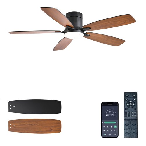 Ayaoty Ceiling Fans with Lights, 52 inch Low Profile Ceiling Fan with Light and Remote Control, Flush Mount, LED Dimmable DC Reversible Modern Ceiling Fan for Bedroom
