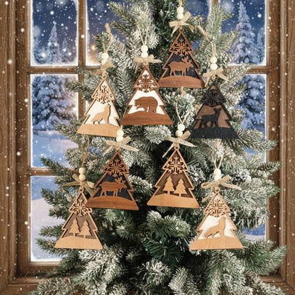 Rustic Christmas Wood Animal Ornaments Set - Reindeer, Bear, Wolf, Moose, Evergreen Tree