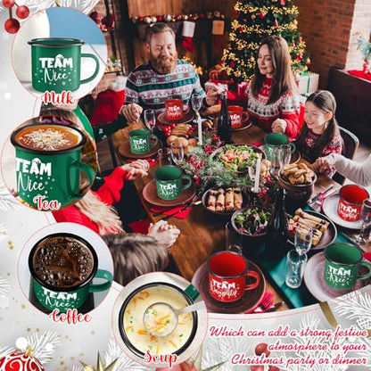 Christmas Enamel Mug Set of 6 with Red and Green Holiday Coffee Cups - 12oz