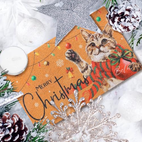 Christmas Welcome Door Mat 18x30 Coir Rug with Red Cat Design - Festive Outdoor Decor