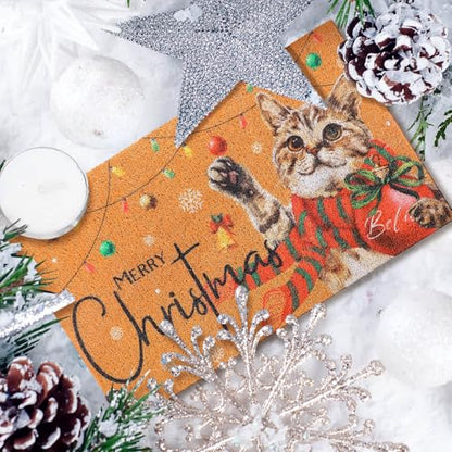 Christmas Welcome Door Mat 18x30 Coir Rug with Red Cat Design - Festive Outdoor Decor