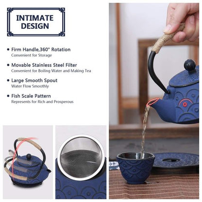 COOGOU Japanese Style Cast Iron Teapot Set with 4 Tea Cups Iron Tea Kettle with Infuser Hemp Rope Trivet Asian Gift for Adults Parents (Fish Scale Pattern, Blue,Anti Rust)