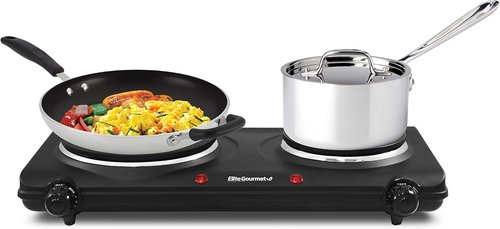 Elite Gourmet EDB-302BF Double Cast Iron Burner - 1500 Watts Electric Hot Plate with Temperature Control & Power Indicator Lights - Black