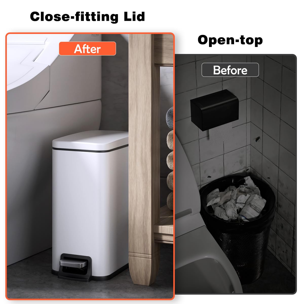 Skiennix Slim Bathroom Trash Can - 1.6 Gallon Stainless Steel with Soft Close Lid & Removable Inner Bucket
