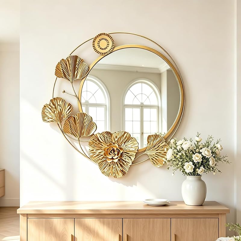 Gold 18" Round Wall Mirror with 3D Ginkgo Leaf Floral Frame
