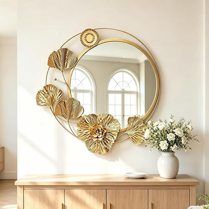 Gold 18" Round Wall Mirror with 3D Ginkgo Leaf Floral Frame