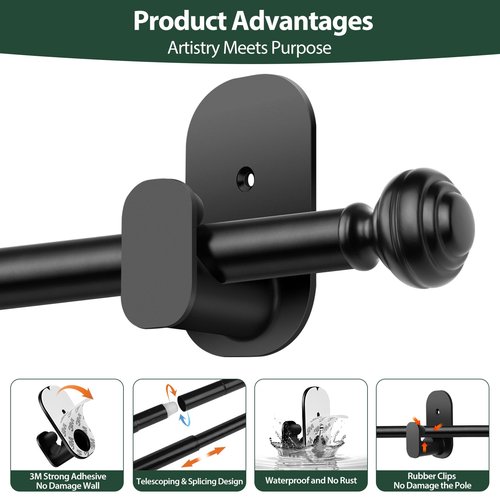 KAMANINA Curtain Rods No Drilling for Windows 32 to 86 Inches, 5/8 Inch Adjustable Renter Friendly Curain Rod with 3M Adhesive Brackets without Drilling, Black