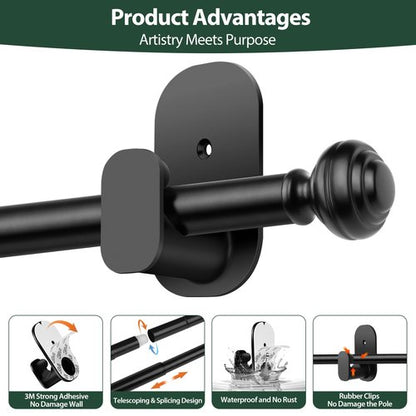 KAMANINA Curtain Rods No Drilling for Windows 32 to 86 Inches, 5/8 Inch Adjustable Renter Friendly Curain Rod with 3M Adhesive Brackets without Drilling, Black