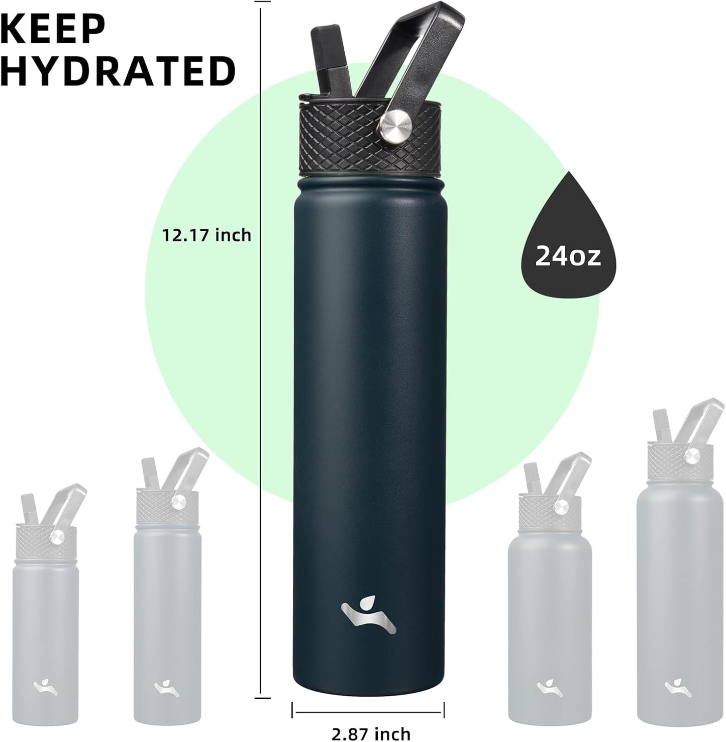 Skiennix Insulated Water Bottle - 24oz Stainless Steel Sport Bottle with 3 Lids | Navy Blue