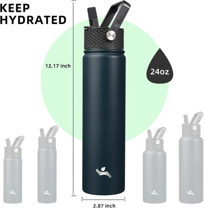 Skiennix Insulated Water Bottle - 24oz Stainless Steel Sport Bottle with 3 Lids | Navy Blue
