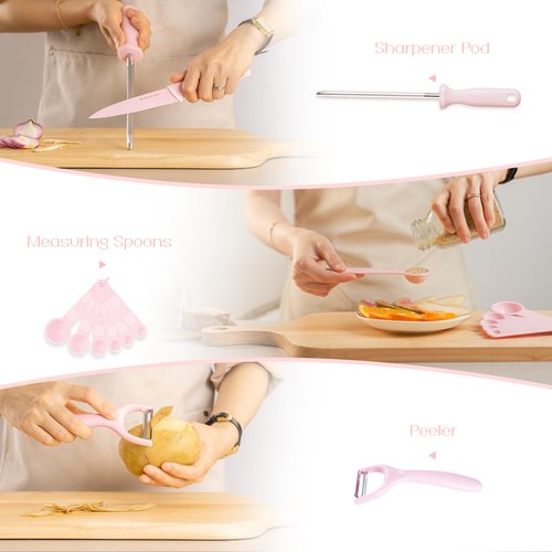 Astercook Kitchen Knife Set with Block and Sharpener 22 Piece German High Carbon Stainless Steel Knives Sharp Blade Dishwasher Safe Knife Set with Anti-slip Ergonomic Handle, Crystal Pink