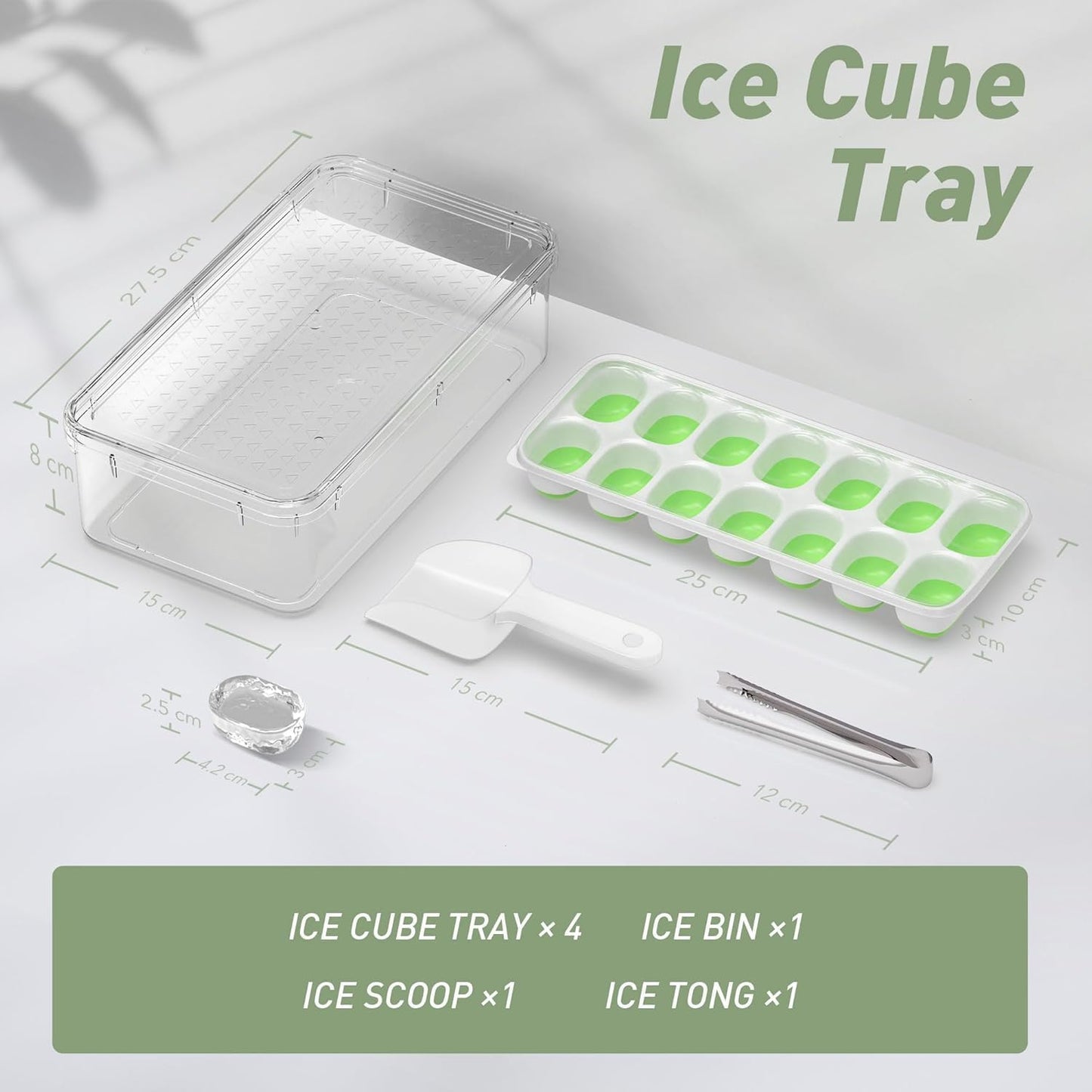 Skiennix Ice Cube Tray Set - 4 Pack Silicone Trays with Lid & Bin for Easy Freezing | Green