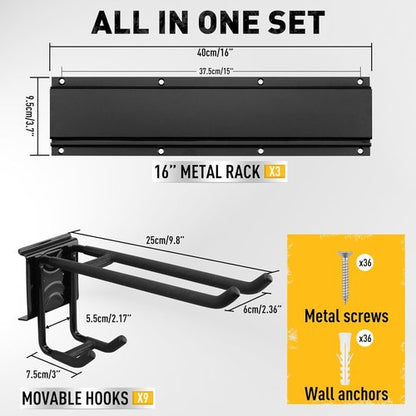 ELEAD Heavy Duty Garage Tool Organizer - 9 Pairs Wall Mount Hooks | 48 Inches, 730 lbs Capacity for Garden Tools