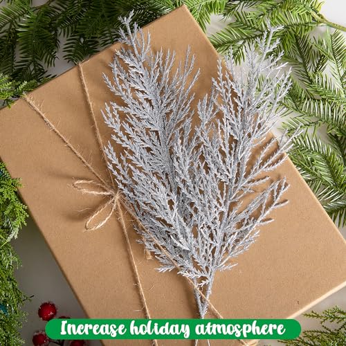Artificial Pine Branches with Silver Glitter - 25 Pcs 13.5" Christmas Wreath Decor