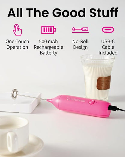 Elementi Pink Milk Frother Wand Rechargeable Drink Mixer - Powerful USB-C Rechargeable Frother & Coffee Stirrers Electric - Hand Held Whisk to Make Perfect Cappuccinos, Lattes & Drink Mixes at Home
