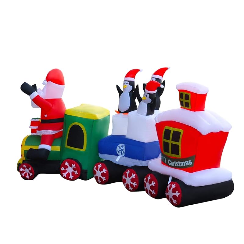 8 Ft LED Lighted Christmas Train Inflatable with Santa & Penguin Decorations
