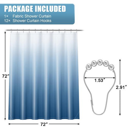 OLANLY Luxury Blue and White Ombre Shower Curtain Sets with 12 Hooks, Waterproof and Washable Decorative Shower Curtains for Bathroom, 72x72 Inches