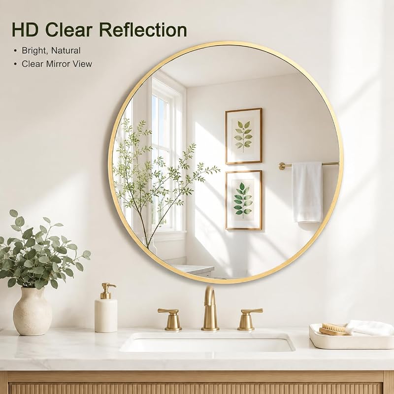 32 Inch Round Wall Mirror with Black Metal Frame - Modern Home Decor (Variation: Black)