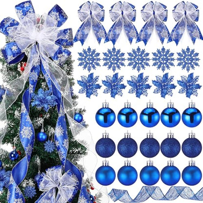 Christmas Tree Decorations Set - Blue & Glitter Holiday Ornaments with Bow Toppers