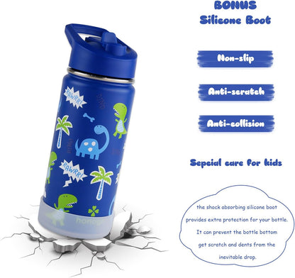 Skiennix 16 oz Stainless Steel Kids Water Bottle - Leak Proof Thermal Flask with Straw Lid | Cute Blue Dino Design for School