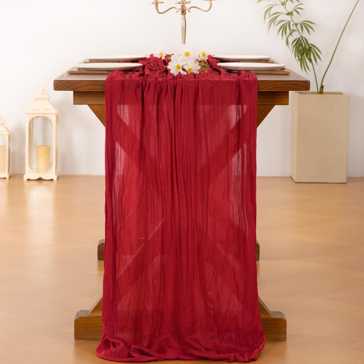 Socomi Cheesecloth Table Runner - 3pcs Red Boho Rustic Gauze | 120 Inch for Weddings & Events