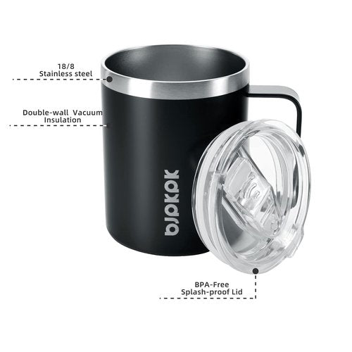 BJPKPK Insulated Coffee Mugs - 14oz Stainless Steel Tumblers with Splash-Proof Lid | Black, Set of 2