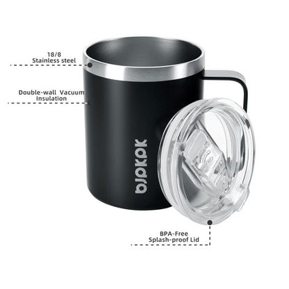 BJPKPK Insulated Coffee Mugs - 14oz Stainless Steel Tumblers with Splash-Proof Lid | Black, Set of 2