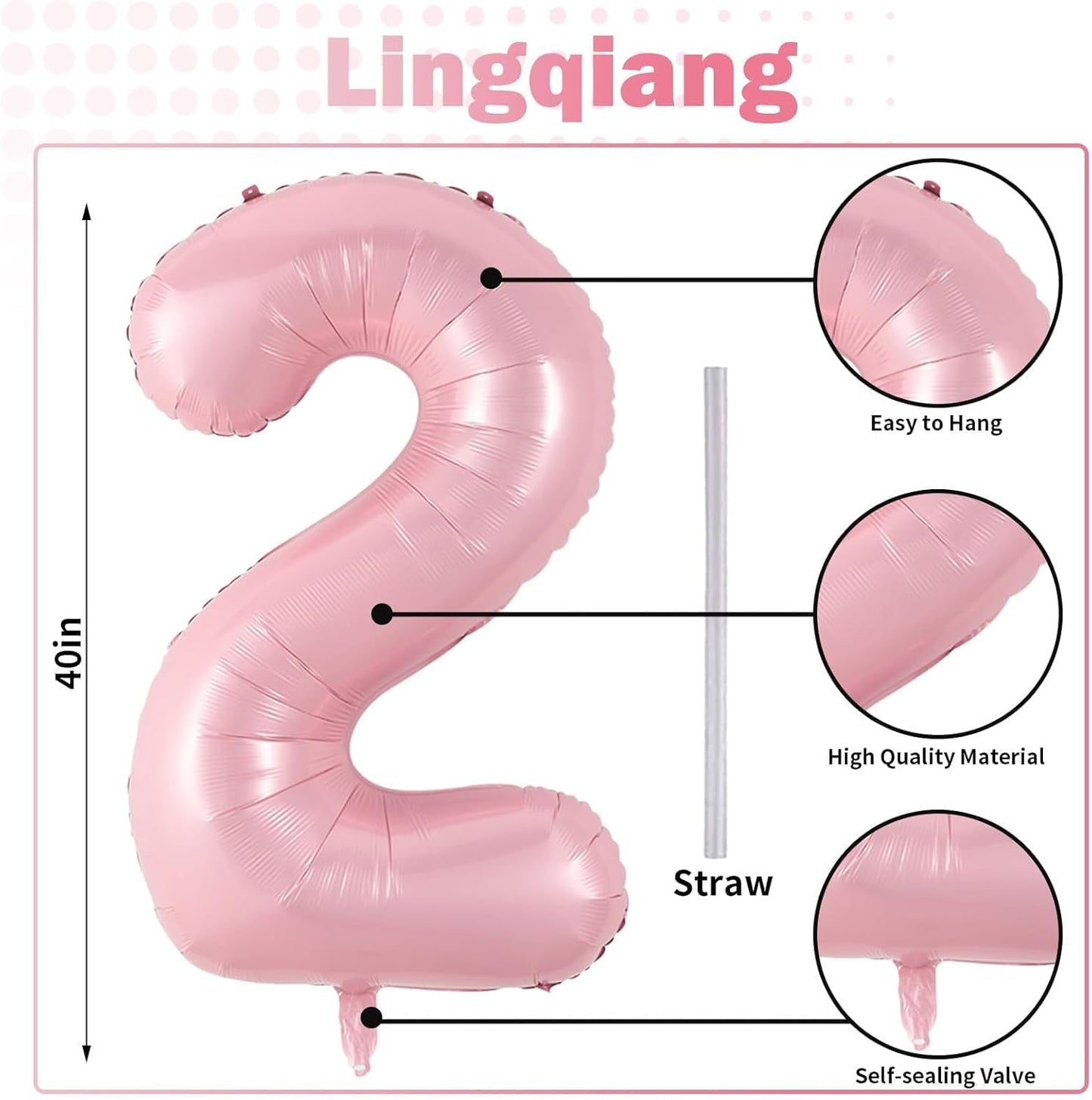 Skiennix 40-Inch Pastel Pink Number 2 Balloon - Large Foil Helium Balloon for Girls' 2nd Birthday Party