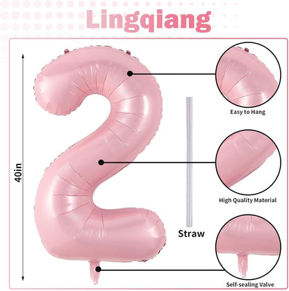 Skiennix 40-Inch Pastel Pink Number 2 Balloon - Large Foil Helium Balloon for Girls' 2nd Birthday Party