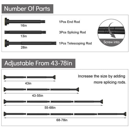 Thestoa Shower Curtain Rod Adjustable 43-78 inch, 1"Diameter Spring Tension Curtain Rod No Drill, Anti-Rust Non-Slip Shower Rod, Black Shower Curtain Rod for Bathroom Tension