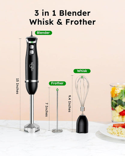 Sangcon Handheld Immersion Blender - 3-in-1 Electric Mixer with Stainless Steel Blade & Attachments | Black