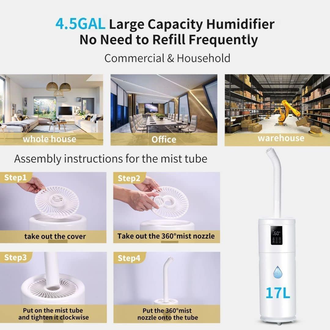 Skiennix Large Humidifier - 17L/4.5Gal Top Fill Design with 360° Nozzle for Homes & Offices