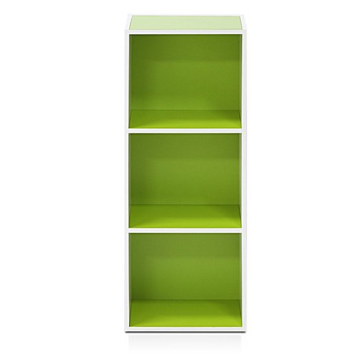 Furinno LUDER Book Shelf, 3-Cube Bookshelf, Bookcase with Open Shelves, 9.3 x 12 x 31.5, Easy Assembly, for Living Room, Bedroom, Home Office, White/Green