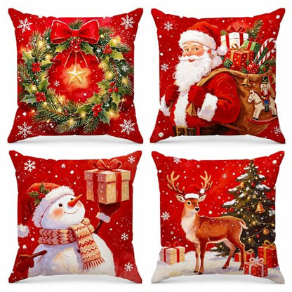 Christmas Pillow Covers 18x18 Set of 4 Santa Claus Snowman Holiday Cushion Cases - Variation of THIS listing