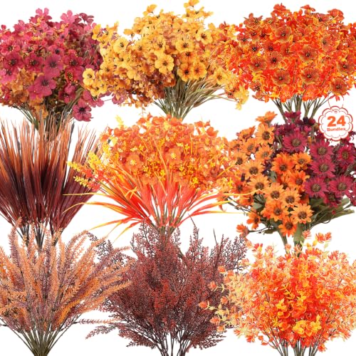 Artificial Fall Flowers Bundle for Outdoor Decor - Wine Orange, 19 Bundles