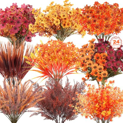 Artificial Fall Flowers Bundle for Outdoor Decor - Wine Orange, 19 Bundles