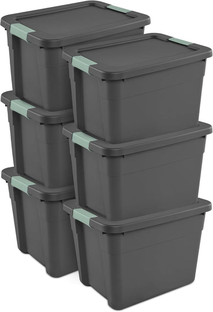 Sterilite 6-Pack Latch Tote | Stackable 12 Gallon Plastic Storage Bins with Lids - Gray/Green Organization Solution