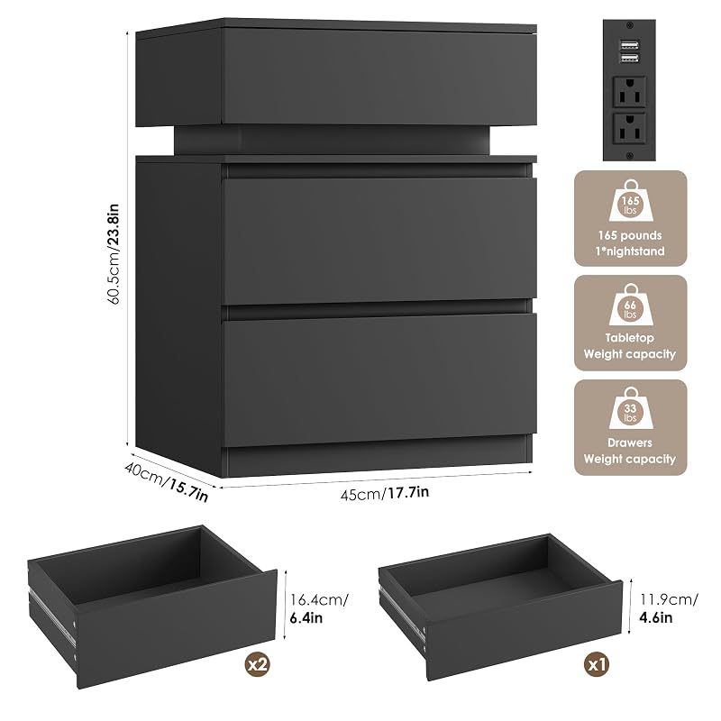 Nightstands Set of 2 with LED Lights, USB Charging Station & App Control, 23.8" Tall – Black+2 Drawers Variation