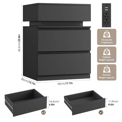 Nightstands Set of 2 with LED Lights, USB Charging Station & App Control, 23.8" Tall – Black+2 Drawers Variation