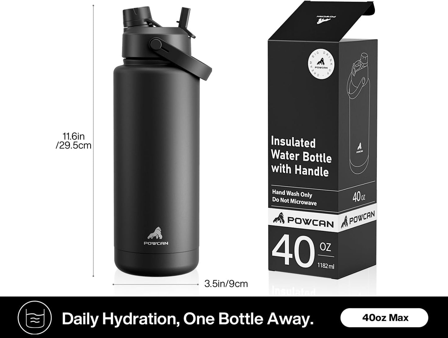 POWCAN 40 oz Insulated Water Bottle - 2-in-1 Straw & Spout Lid, Leak-Proof, BPA-Free, Dark Knight