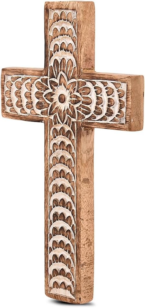 EDHAS Mango Wood Family Cross Decor - White Floral Carved Design | 10" x 6" x 0.5" Home Accent