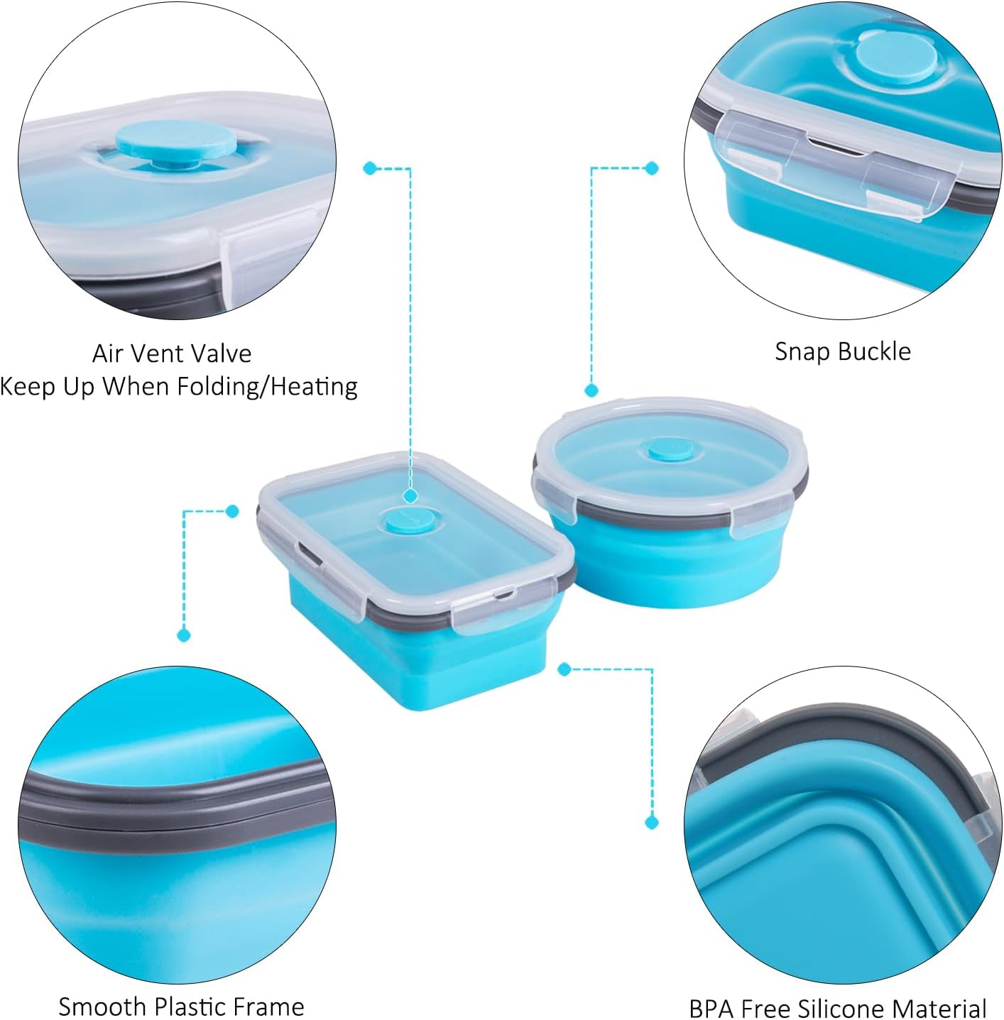 Skiennix Collapsible Food Storage Containers - 8 Pack Silicone Set for Snacks | Microwave & Dishwasher Safe, Blue