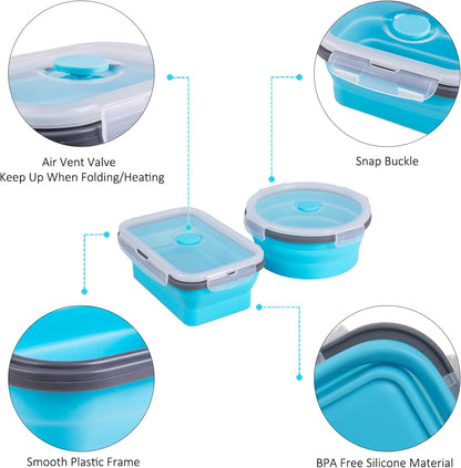 Skiennix Collapsible Food Storage Containers - 8 Pack Silicone Set for Snacks | Microwave & Dishwasher Safe, Blue