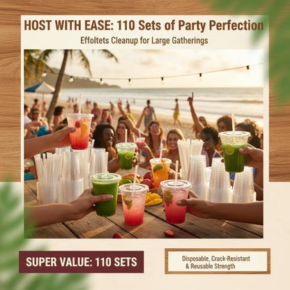 Voatree 110 Pack 16 oz Plastic Cups with Lids and Straws,Sturdy Disposable Iced Coffee Cups with Lids,Clear To Go Cups For Smoothie,Cold Drinks
