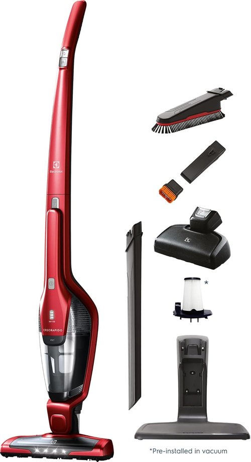 Electrolux Ergorapido Pet Cordless Vacuum Cleaner - 2-in-1 Design with Motorized Pet Nozzle | 48-Minute Run Time, Chili Red