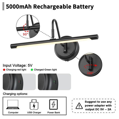 JOOSENLUX Modern Wall Lights Battery Operated Black Wireless Picture Lights for Wall 16.5" Inch Dimmable Under Counter Lights for Kitchen with Swing Arm as Canvas Wall Sconce Light 3000K CRI95+