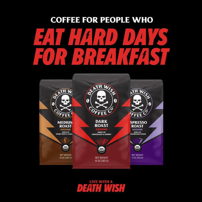 Death Wish Coffee Co. Whole Bean Espresso Roast - Extra Kick of Caffeine - Organic, Fair Trade, Arabaica and Robusta Coffee Beans, 14 ounce (Pack of 1)