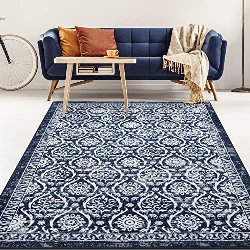 Antep Rugs Alfombras Non-Skid (Non-Slip) 5x7 Rubber Backing Floral Geometric Low Profile Pile Indoor Area Rugs (Navy Blue, 5' x 7')